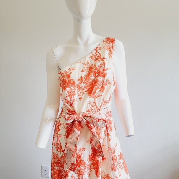 NWOT Zara One Shoulder Lined Belted Tropical Orange Print Midi Dress Sz XL - Picture 2 of 9